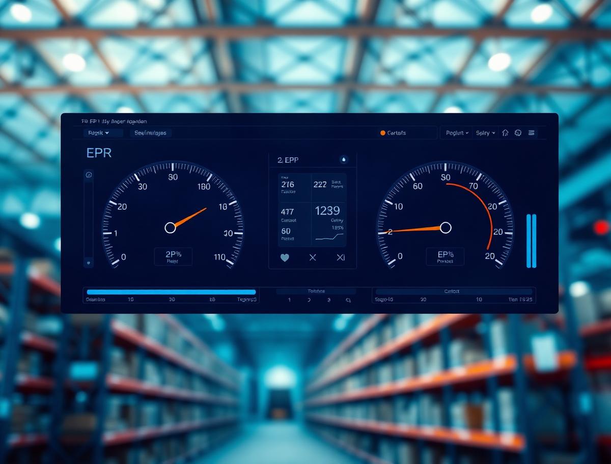 ERP performance dashboard above a distribution warehouse
