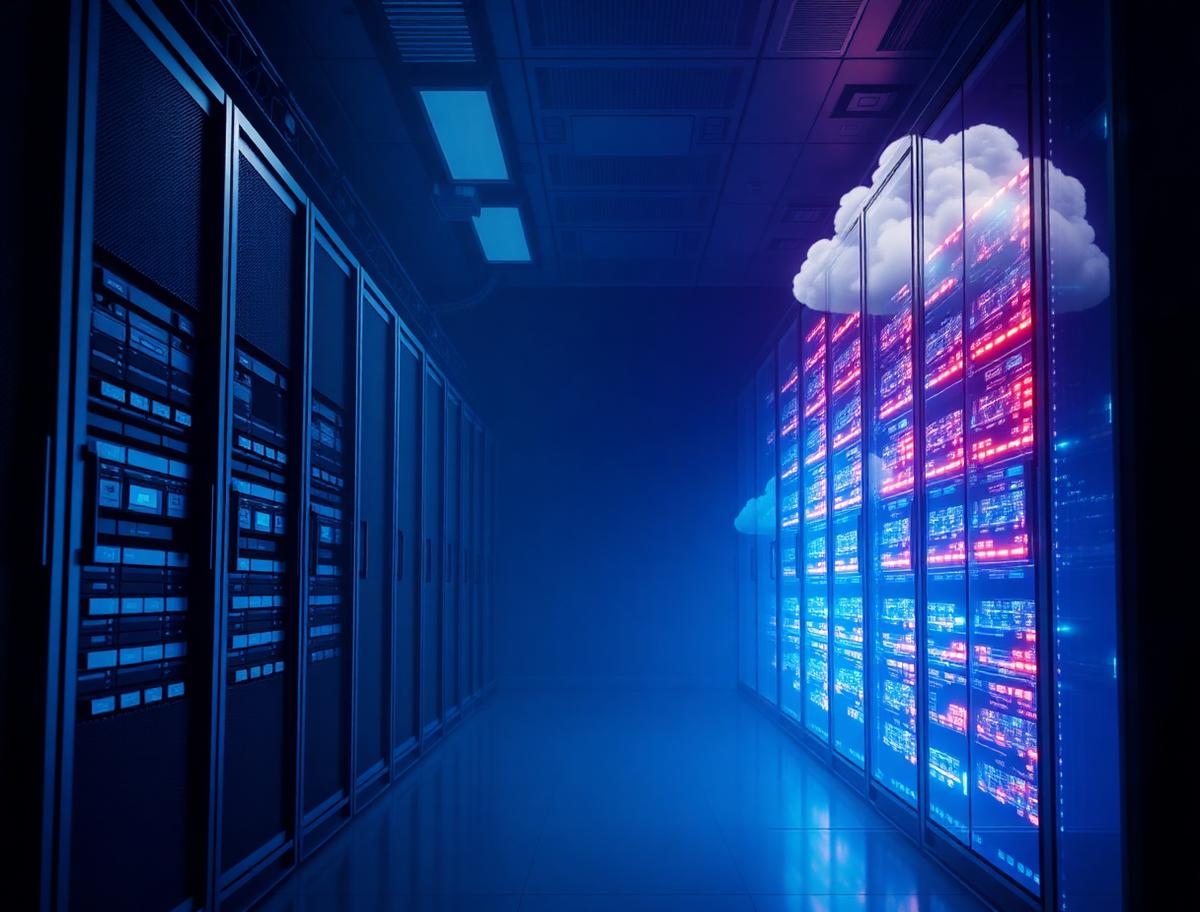 Legacy server room transitioning to modern cloud architecture